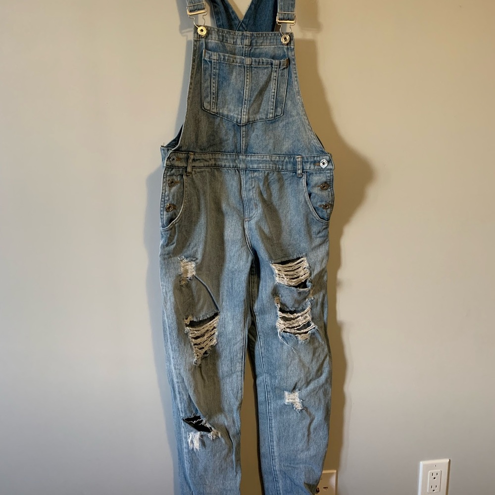 Honey Punch distressed overalls